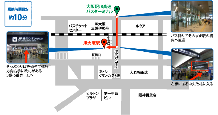 乗換A：「大阪発」乗換　バス→JRのご案内